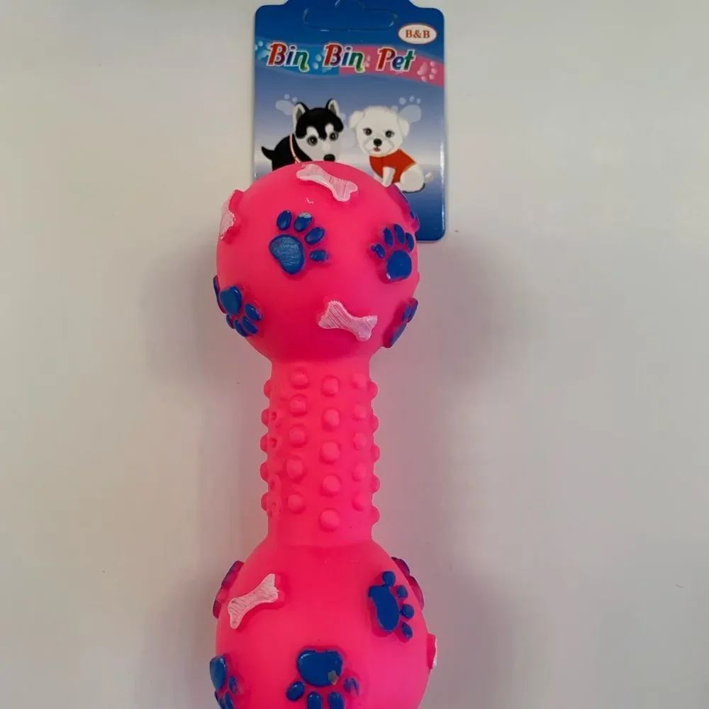 Pet- Squeaky Toy- Dumbbell W/ Paw Prints - Various Colors